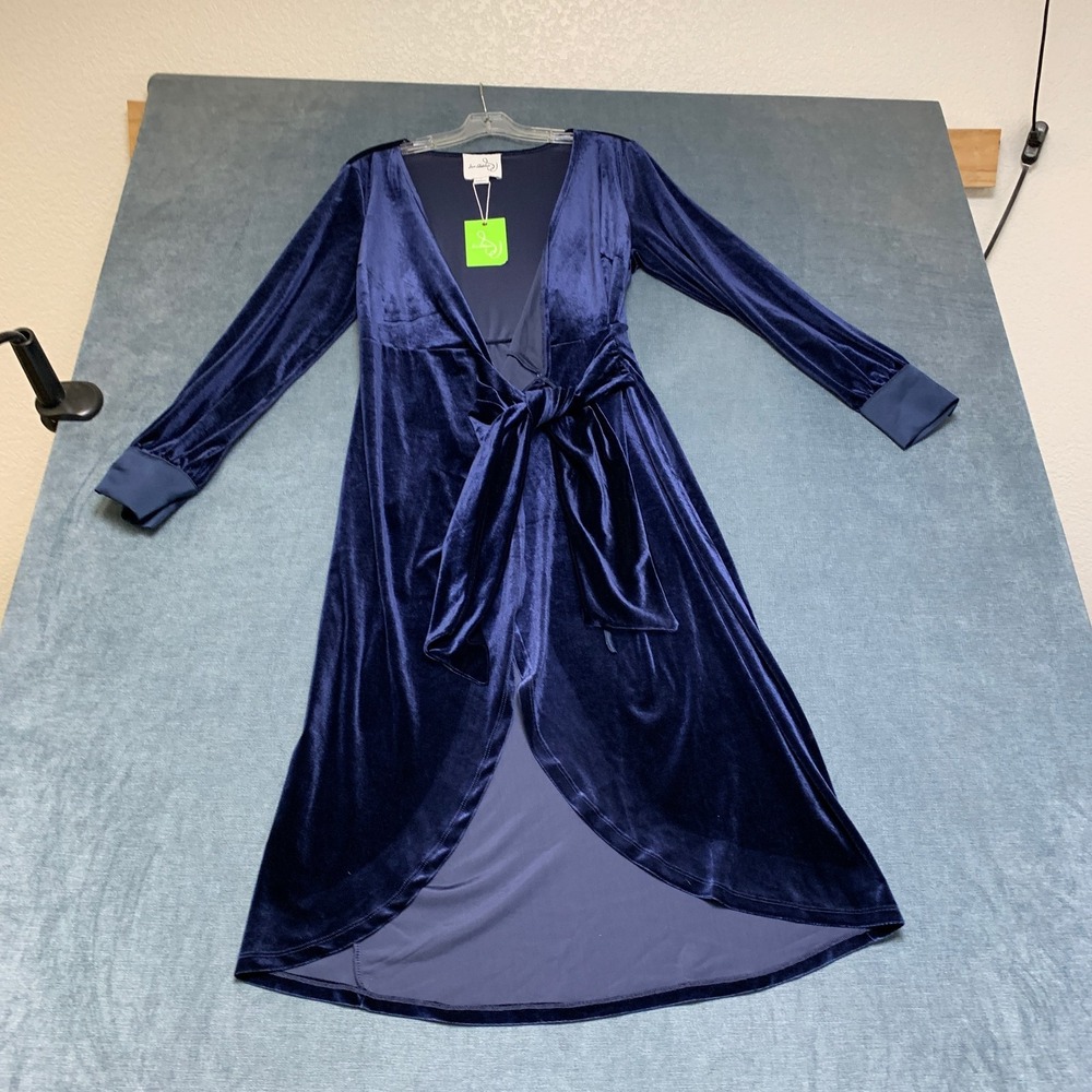 Sam Edelman Velvet Long Sleeve Wrap Dress Womens 8 Navy Blue Tie Waist Party